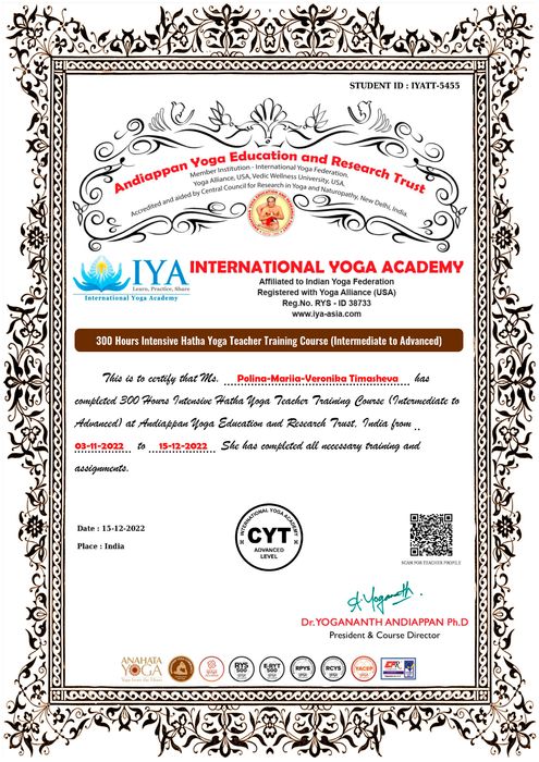 Andippan International Yoga Academy Certificate